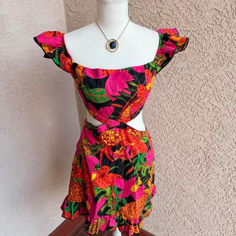 Tropical floral print mini dress with ruffle hem and tie back